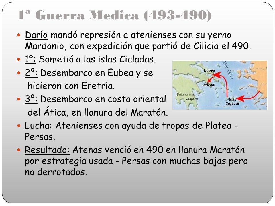 1ª Guerra Medica ( ) Darío mandó represión a atenienses con su yerno Mardonio, con expedición que partió de Cilicia el 490.