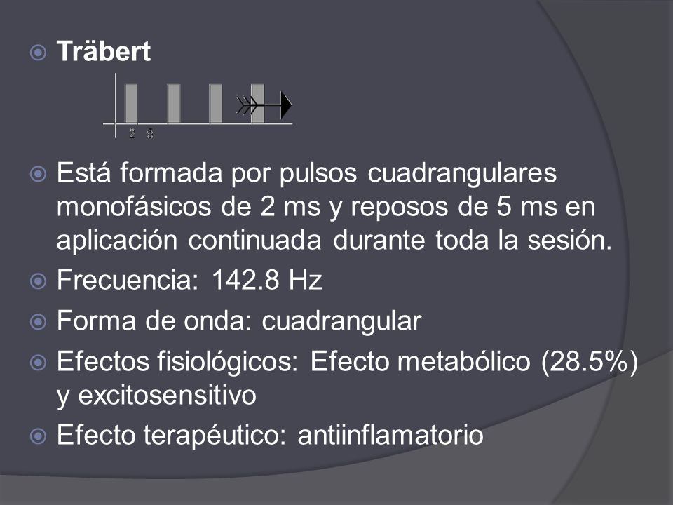 Träbert Está formada por pulsos cuadrangulares monofásicos de 2 ms y reposos de 5 ms en aplicación continuada durante toda la sesión.