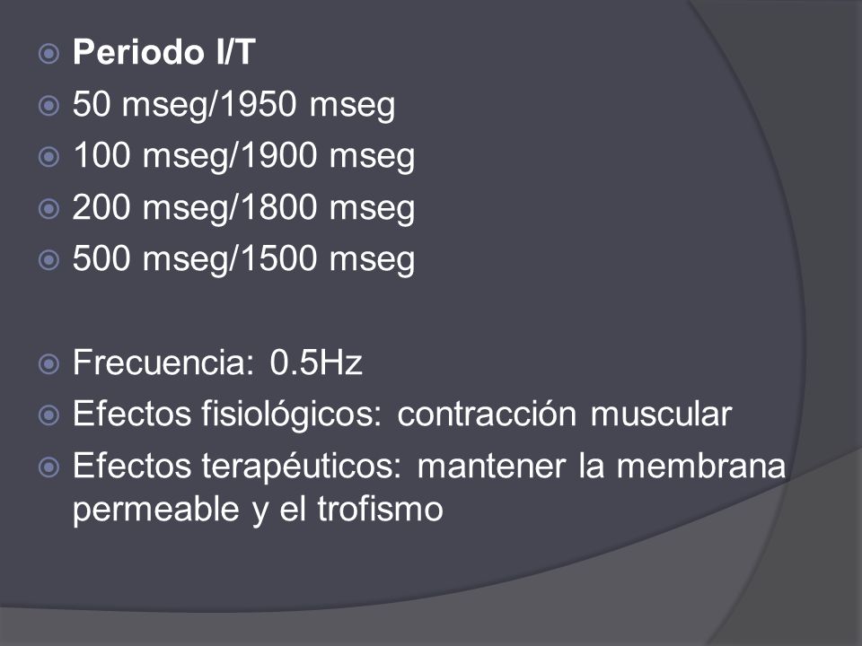 Periodo I/T 50 mseg/1950 mseg. 100 mseg/1900 mseg. 200 mseg/1800 mseg. 500 mseg/1500 mseg. Frecuencia: 0.5Hz.