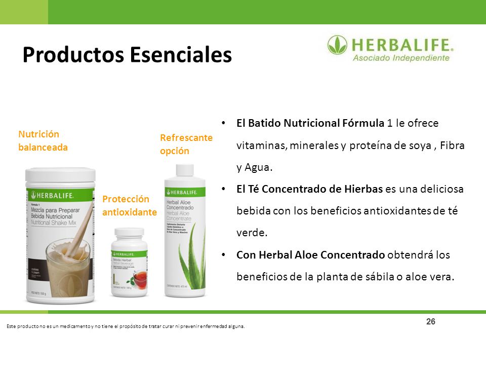 Productos Esenciales El Batido Nutricional Fórmula 1 le ofrece vitaminas, minerales y proteína de soya , Fibra y Agua.