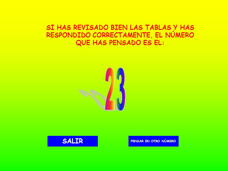 SI HAS REVISADO BIEN LAS TABLAS Y HAS RESPONDIDO CORRECTAMENTE, EL NÚMERO QUE HAS PENSADO ES EL: