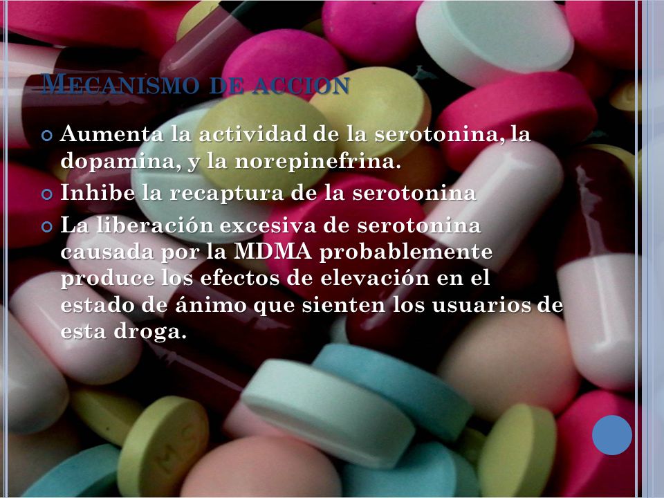 Mecanismo de accion Aumenta la actividad de la serotonina, la dopamina, y la norepinefrina. Inhibe la recaptura de la serotonina.