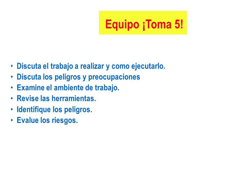 Equipo ¡Toma 5! Discuta el trabajo a realizar y como ejecutarlo.