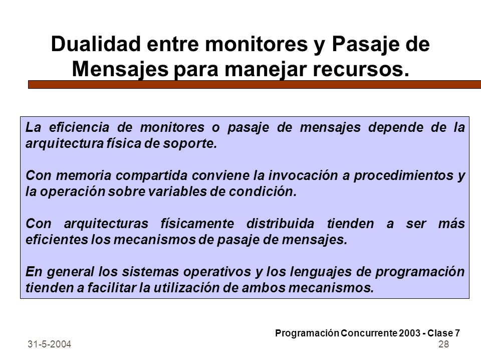Dualidad entre monitores y Pasaje de Mensajes para manejar recursos.