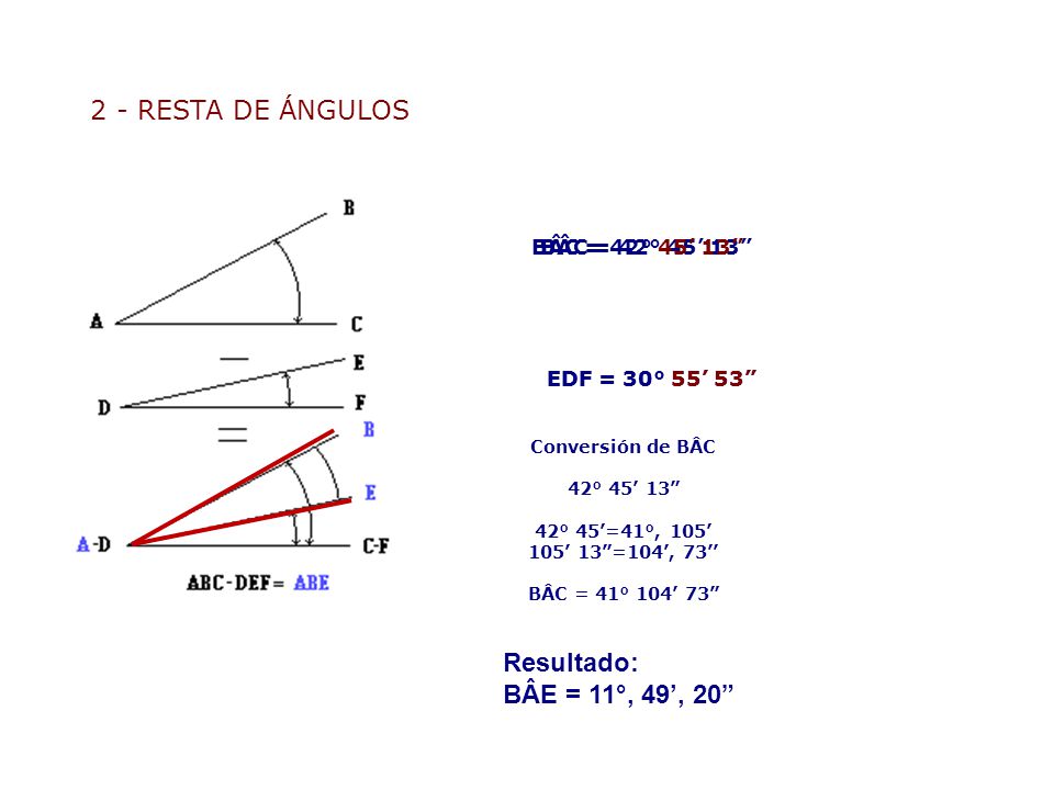 2 - RESTA DE ÁNGULOS Resultado: BÂE = 11°, 49’, 20 BÂC = 42° 45’ 13