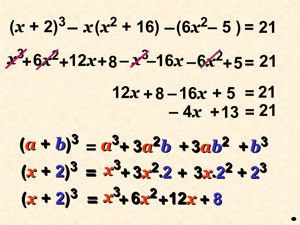 – = = = (x + 2)3 (x2 + 16) x (6x2– 5 ) = 21 x3 6x2 8 12x + x3 6x2 – –