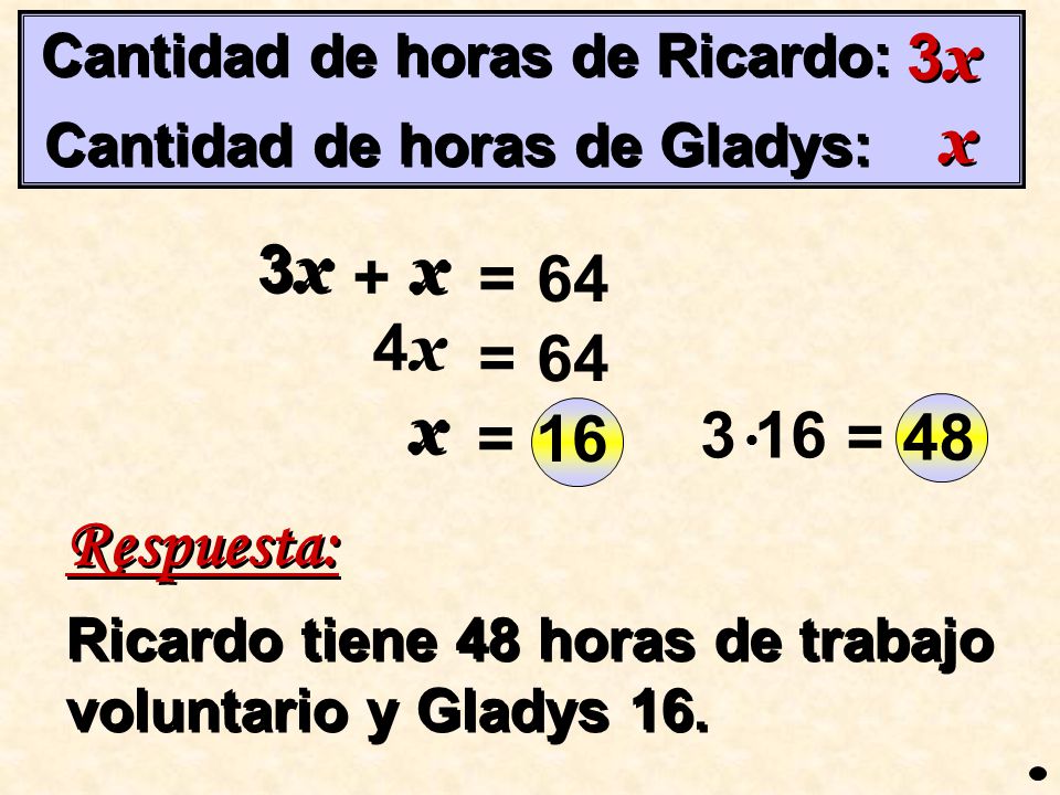 Respuesta: 3x x 3x x + = 64 4x = 64 x = = 48