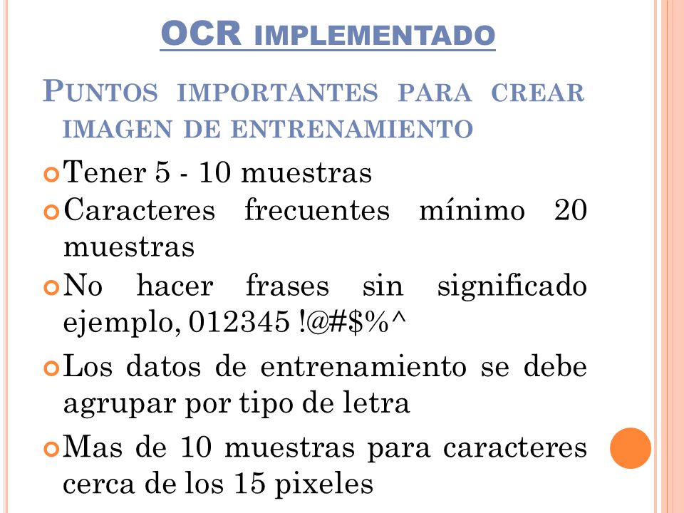 OCR implementado Puntos importantes para crear imagen de entrenamiento