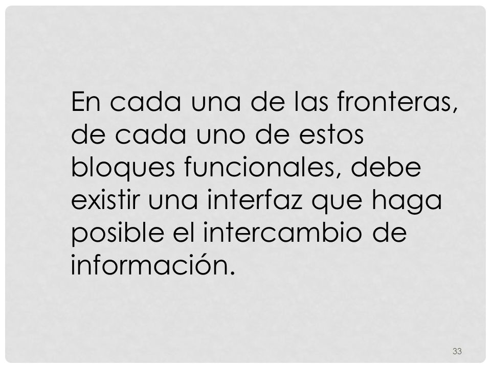 En cada una de las fronteras, de cada uno de estos bloques funcionales, debe existir una interfaz que haga posible el intercambio de información.