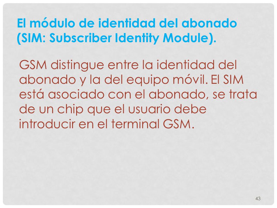 El módulo de identidad del abonado (SIM: Subscriber Identity Module).
