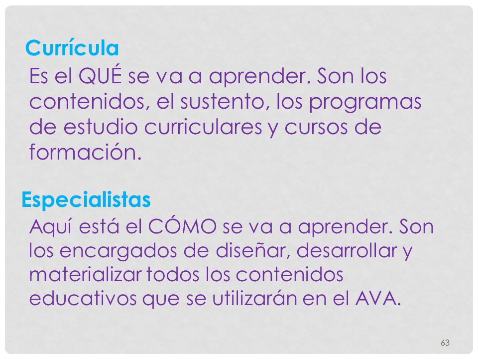 Currícula Es el QUÉ se va a aprender. Son los contenidos, el sustento, los programas de estudio curriculares y cursos de formación.
