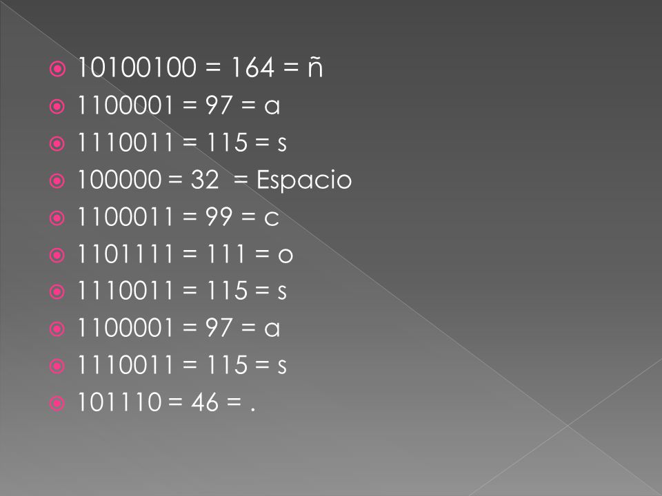 = 164 = ñ = 97 = a = 115 = s = 32 = Espacio = 99 = c.