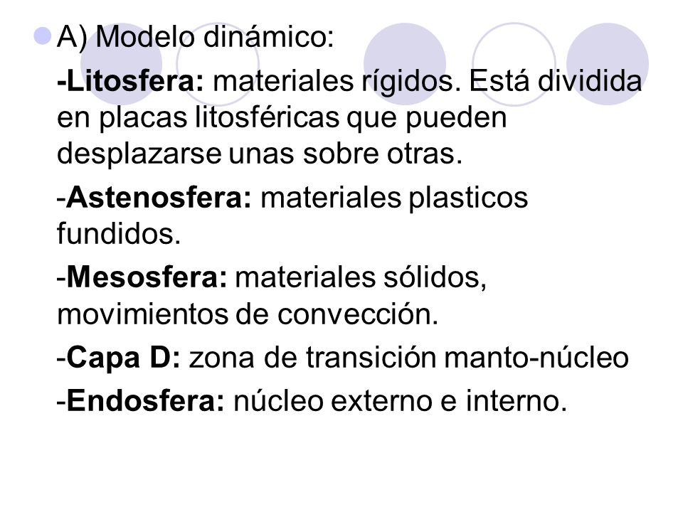 A) Modelo dinámico: -Litosfera: materiales rígidos. Está dividida en placas litosféricas que pueden desplazarse unas sobre otras.