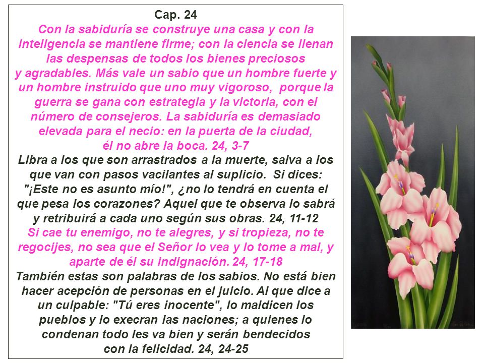 Cap. 24 Con la sabiduría se construye una casa y con la inteligencia se mantiene firme; con la ciencia se llenan las despensas de todos los bienes preciosos
