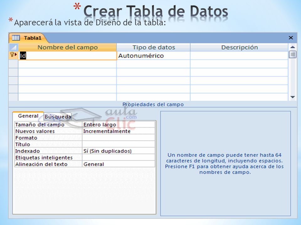 Crear Tabla de Datos Aparecerá la vista de Diseño de la tabla:
