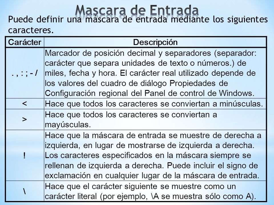 Mascara de Entrada Puede definir una máscara de entrada mediante los siguientes caracteres. Carácter.