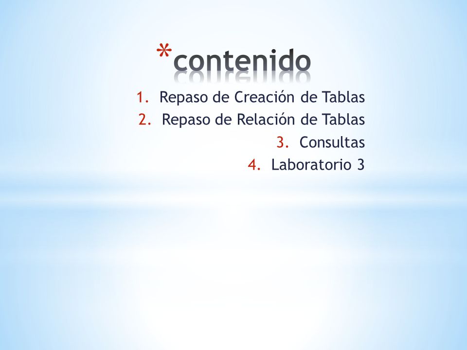 contenido Repaso de Creación de Tablas Repaso de Relación de Tablas