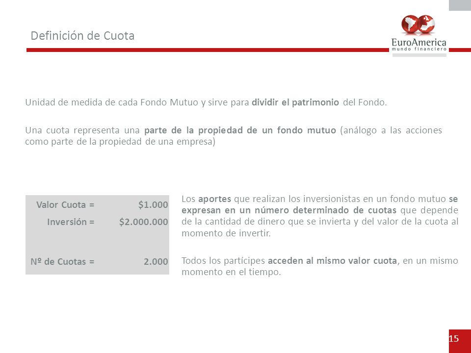 Definición de Cuota. Unidad de medida de cada Fondo Mutuo y sirve para dividir el patrimonio del Fondo.