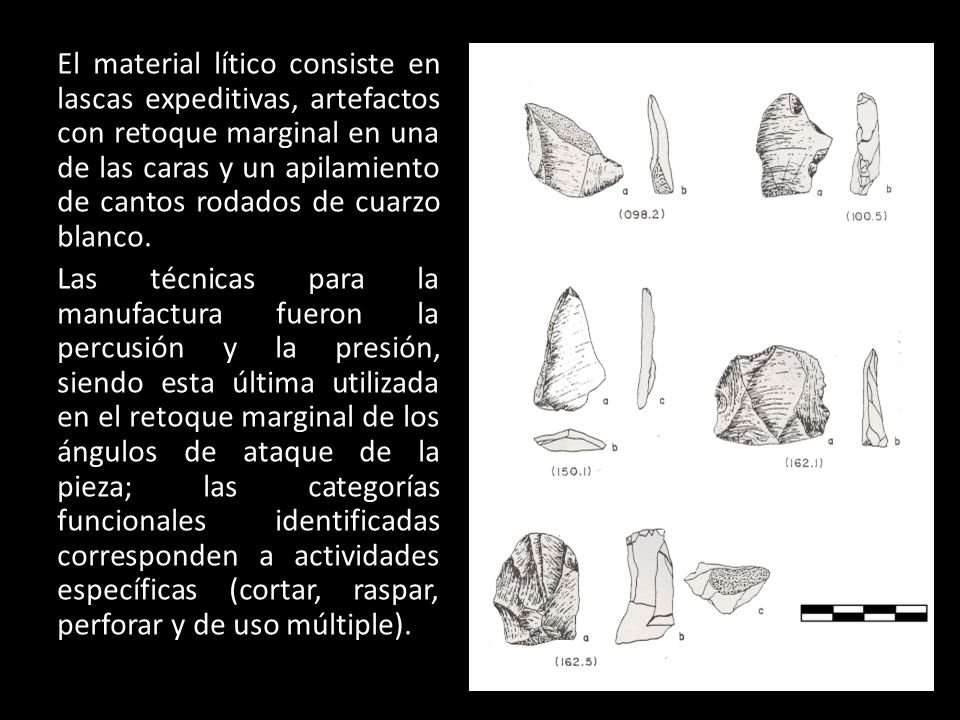 El material lítico consiste en lascas expeditivas, artefactos con retoque marginal en una de las caras y un apilamiento de cantos rodados de cuarzo blanco.