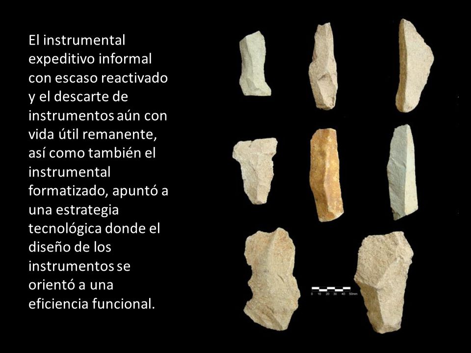 El instrumental expeditivo informal con escaso reactivado y el descarte de instrumentos aún con vida útil remanente, así como también el instrumental formatizado, apuntó a una estrategia tecnológica donde el diseño de los instrumentos se orientó a una eficiencia funcional.