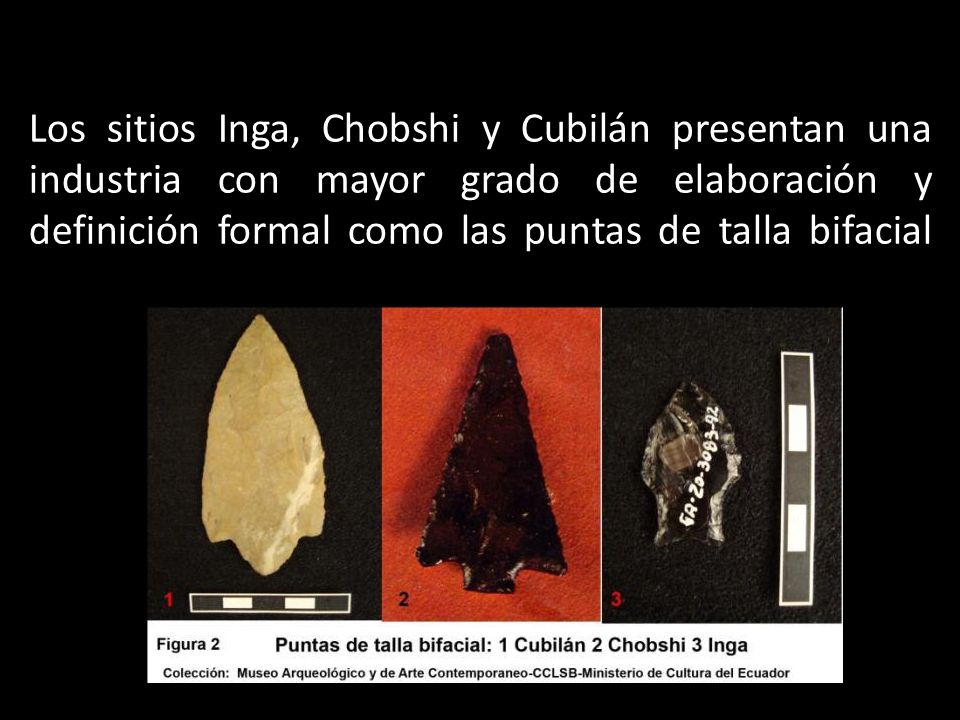 Los sitios Inga, Chobshi y Cubilán presentan una industria con mayor grado de elaboración y definición formal como las puntas de talla bifacial