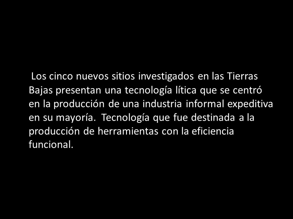 Los cinco nuevos sitios investigados en las Tierras Bajas presentan una tecnología lítica que se centró en la producción de una industria informal expeditiva en su mayoría.