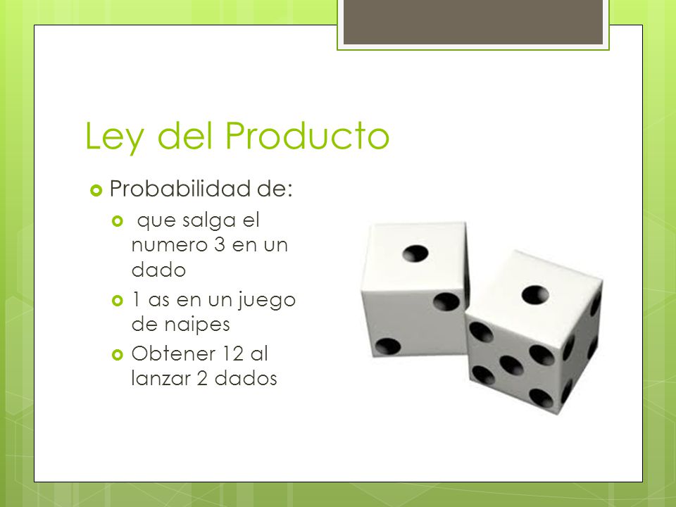 Ley del Producto Probabilidad de: que salga el numero 3 en un dado