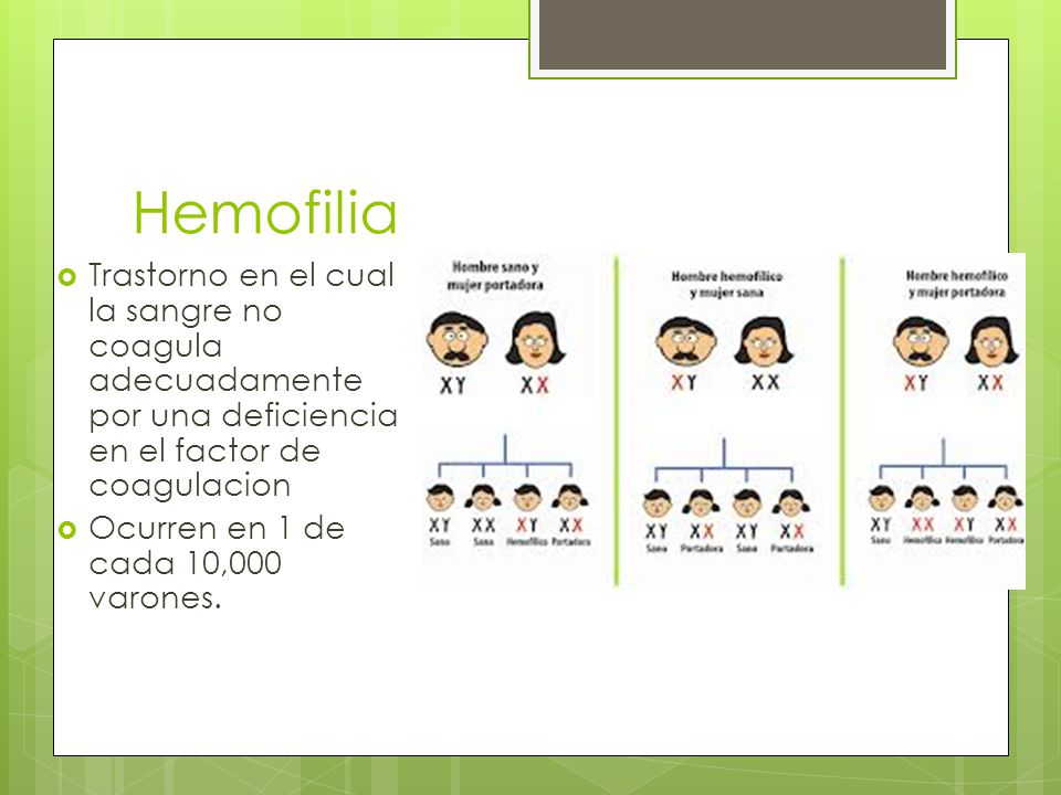 Hemofilia Trastorno en el cual la sangre no coagula adecuadamente por una deficiencia en el factor de coagulacion.