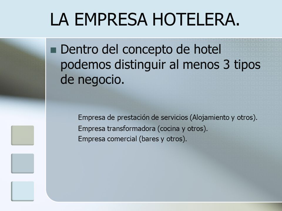 LA EMPRESA HOTELERA. Dentro del concepto de hotel podemos distinguir al menos 3 tipos de negocio.