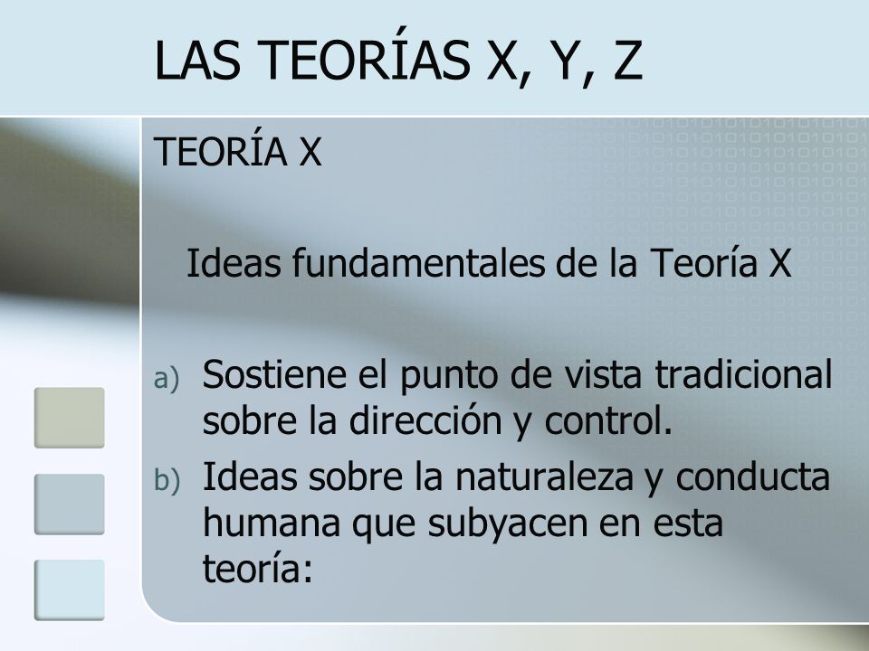 LAS TEORÍAS X, Y, Z TEORÍA X Ideas fundamentales de la Teoría X