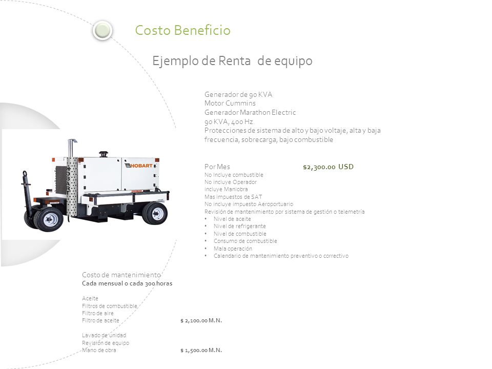 Costo Beneficio Ejemplo de Renta de equipo Generador de 90 KVA