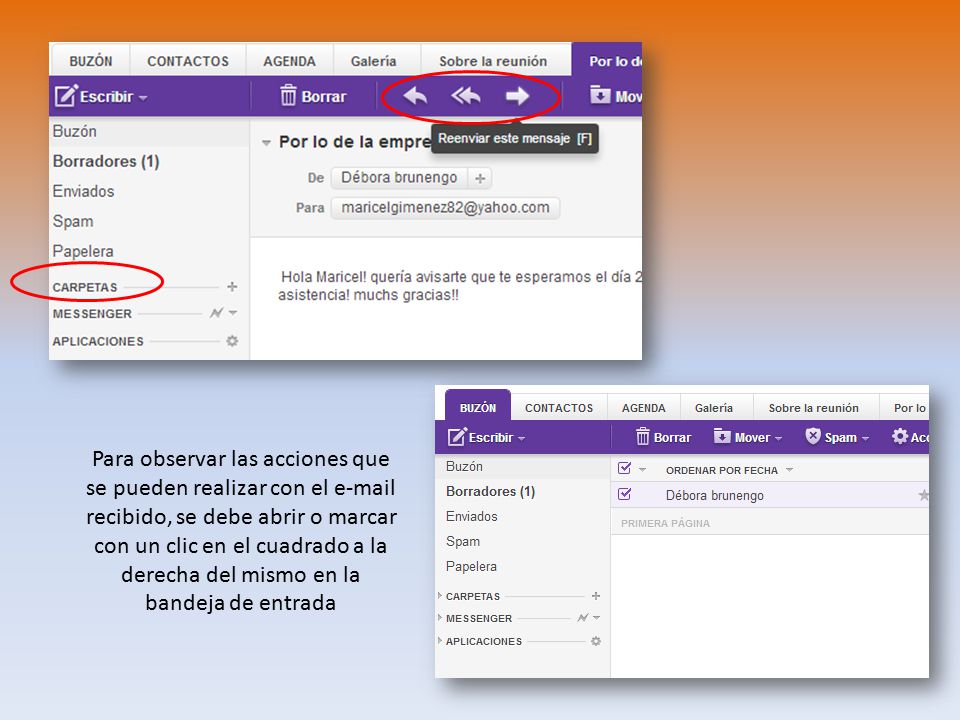 Para observar las acciones que se pueden realizar con el  recibido, se debe abrir o marcar con un clic en el cuadrado a la derecha del mismo en la bandeja de entrada