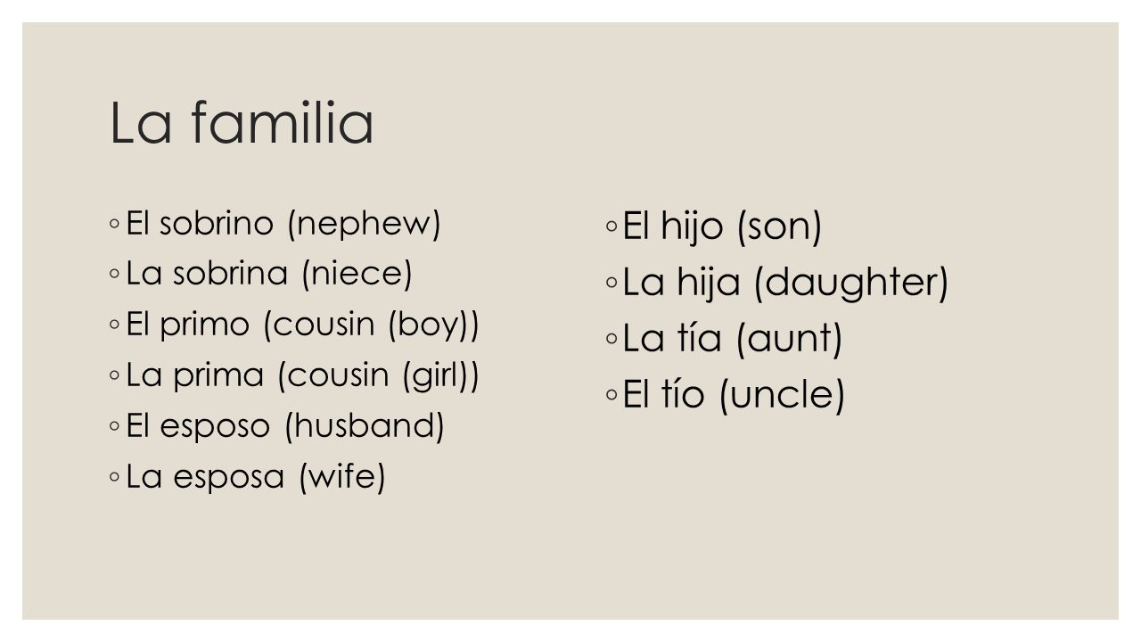 La familia El hijo (son) La hija (daughter) La tía (aunt)