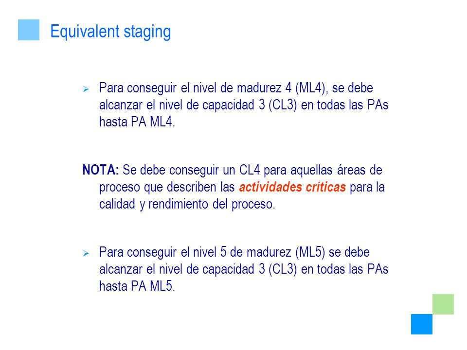 Equivalent staging Para conseguir el nivel de madurez 4 (ML4), se debe alcanzar el nivel de capacidad 3 (CL3) en todas las PAs hasta PA ML4.
