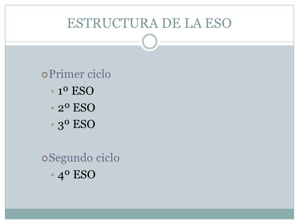 ESTRUCTURA DE LA ESO Primer ciclo 1º ESO 2º ESO 3º ESO Segundo ciclo