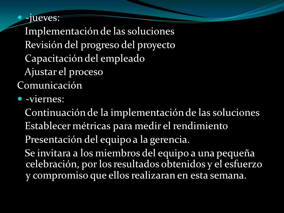 -jueves: Implementación de las soluciones. Revisión del progreso del proyecto. Capacitación del empleado.