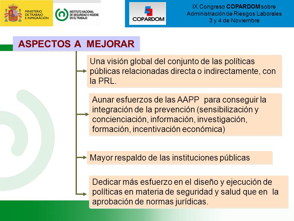 ASPECTOS A MEJORAR Una visión global del conjunto de las políticas públicas relacionadas directa o indirectamente, con la PRL.