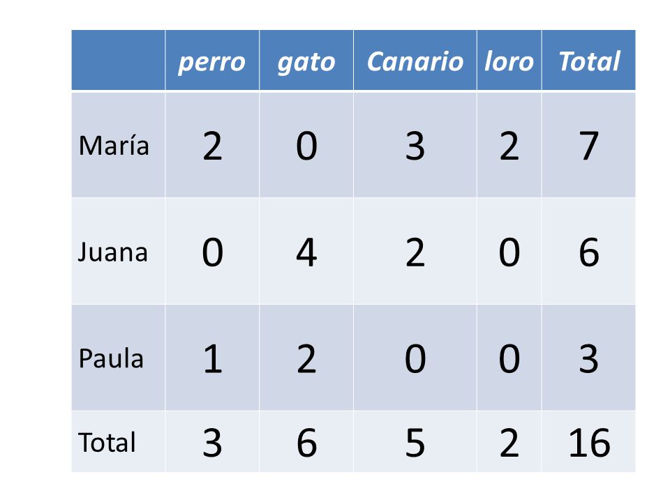 perro gato Canario loro Total María Juana 4 6 Paula