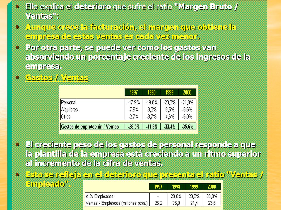 Ello explica el deterioro que sufre el ratio Margen Bruto / Ventas :