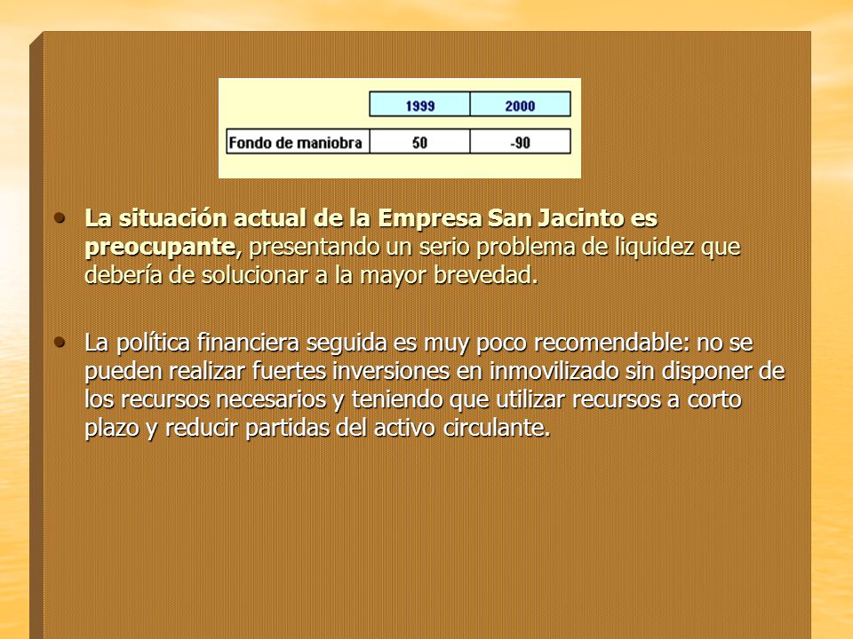 La situación actual de la Empresa San Jacinto es preocupante, presentando un serio problema de liquidez que debería de solucionar a la mayor brevedad.