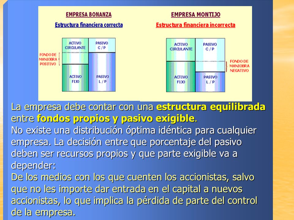La empresa debe contar con una estructura equilibrada entre fondos propios y pasivo exigible.