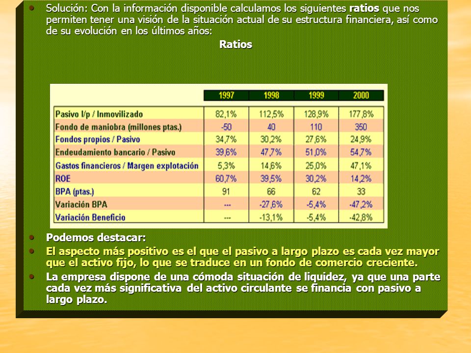 Solución: Con la información disponible calculamos los siguientes ratios que nos permiten tener una visión de la situación actual de su estructura financiera, así como de su evolución en los últimos años: