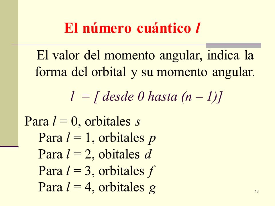El número cuántico l El valor del momento angular, indica la forma del orbital y su momento angular.