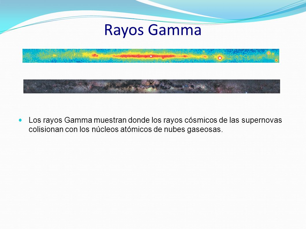 Rayos Gamma Los rayos Gamma muestran donde los rayos cósmicos de las supernovas colisionan con los núcleos atómicos de nubes gaseosas.