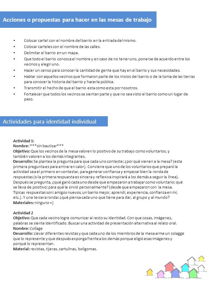 Acciones o propuestas para hacer en las mesas de trabajo