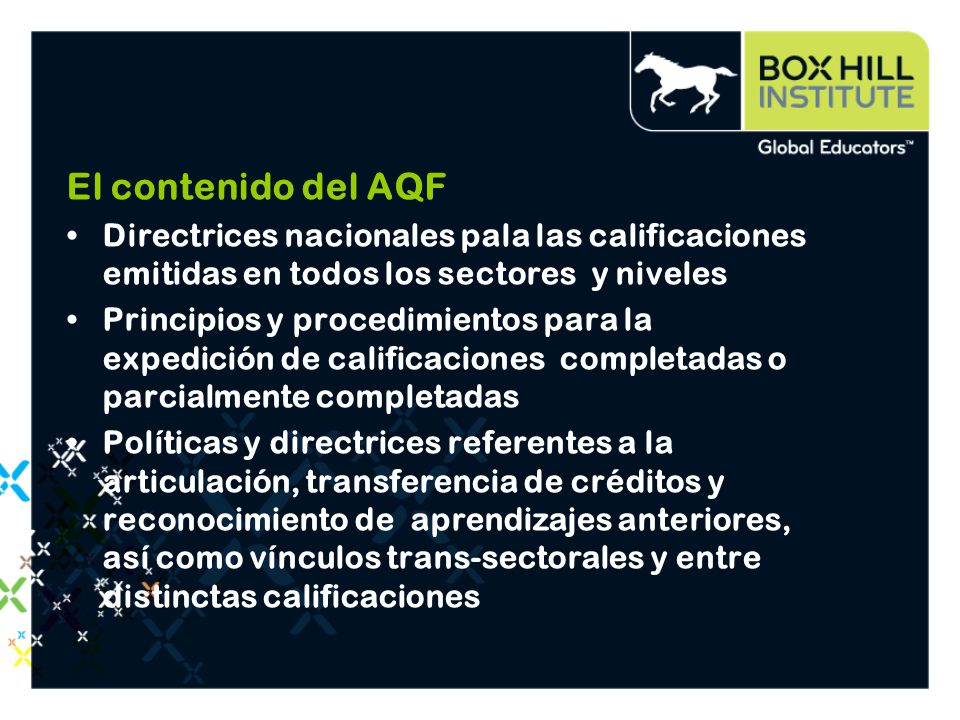 El contenido del AQF Directrices nacionales pala las calificaciones emitidas en todos los sectores y niveles.