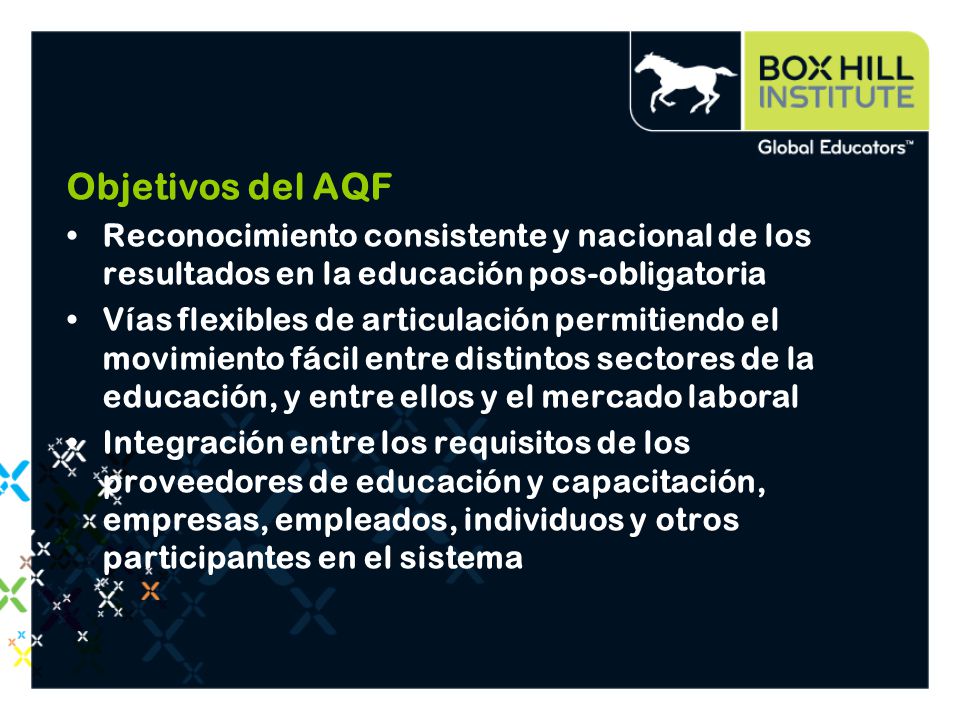 Objetivos del AQF Reconocimiento consistente y nacional de los resultados en la educación pos-obligatoria.