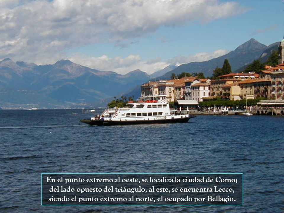 En el punto extremo al oeste, se localiza la ciudad de Como; del lado opuesto del triángulo, al este, se encuentra Lecco, siendo el punto extremo al norte, el ocupado por Bellagio.