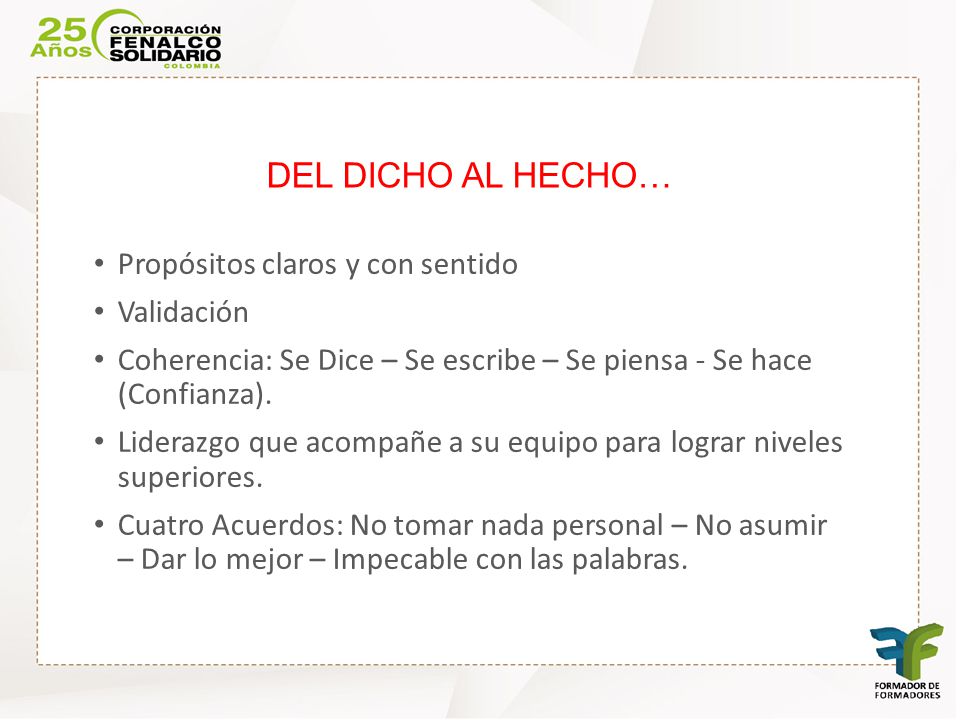 DEL DICHO AL HECHO… Propósitos claros y con sentido Validación