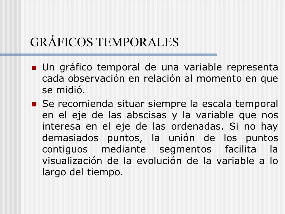 GRÁFICOS TEMPORALES Un gráfico temporal de una variable representa cada observación en relación al momento en que se midió.